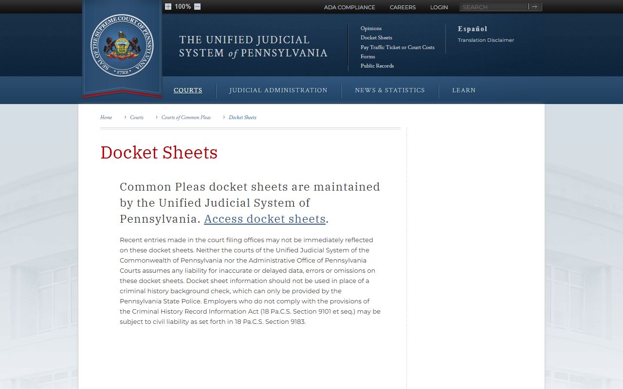 Bradford County court dockets Common Pleas docket sheets